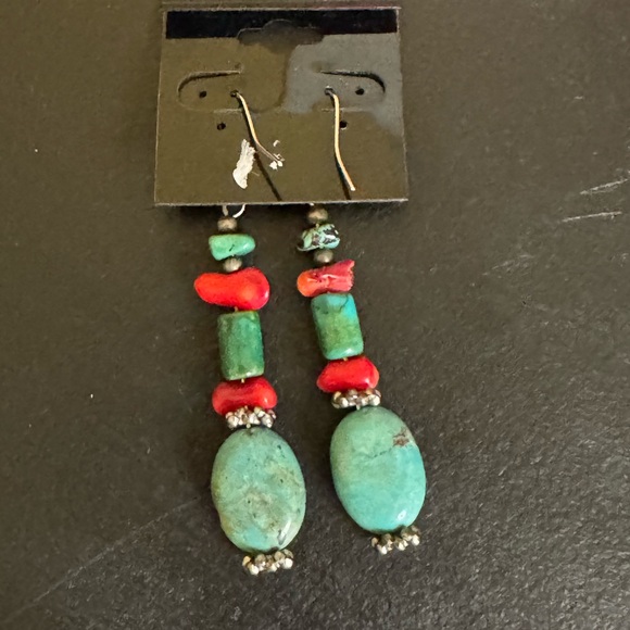 Artisan Hand Crafted Turquoise and Red Stone Beaded Silver Tone Earrings - Picture 4 of 6